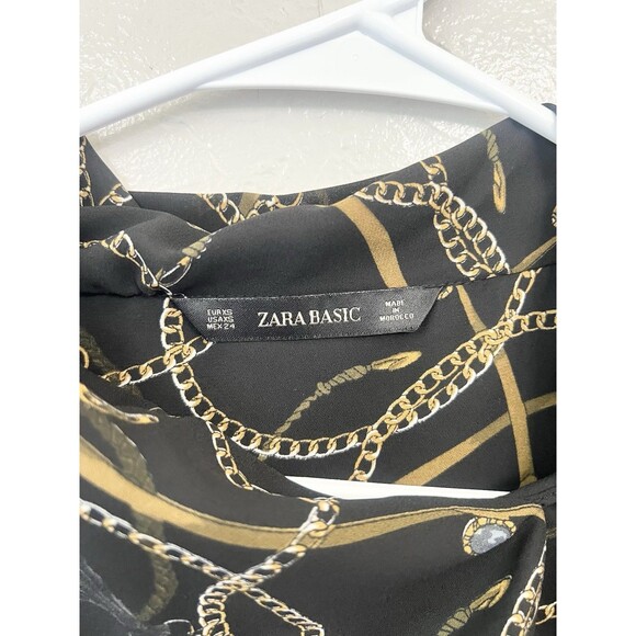 ZARA XSMALL BLACK HORSE CHAIN PRINT TIE NECK LONG OVERSIZED BLOUSE TOP XS - Picture 5 of 9